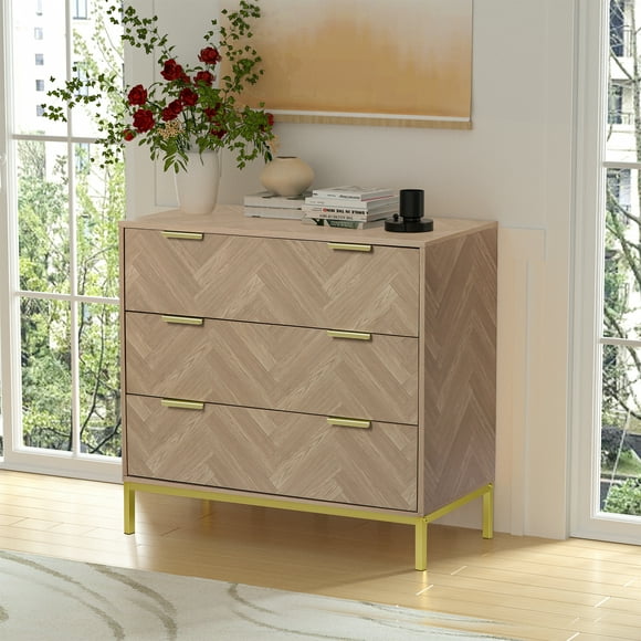 Eumyviv Modern 3-Drawers Dresser Chest, Mid-Century Natural Oak Organizer Bedroom Storage Cabinet Furniture for Bedroom Living Room,H0037