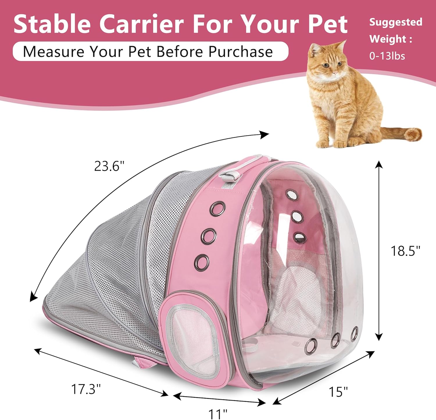 DENZUS Bubble Expandable & Foldable Cat Backpack Carrier, Breathable Pet Backpack for Large Cats, Designed for Hiking, Travelling, Camping