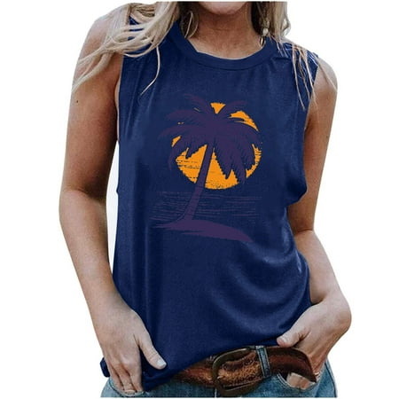 TDYHUAO Beach Tank Tops for Women Summer Hawaiian Vacation Sleeveless Shirts Sunset Palm Tree Graphic Print Muscle T Shirt