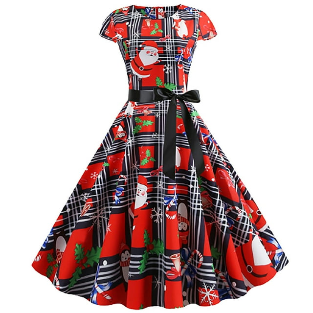 Robe Évasée de Soirée de Noël pour Femmes à Imprimé Vintage Sans Manches à Col Rond