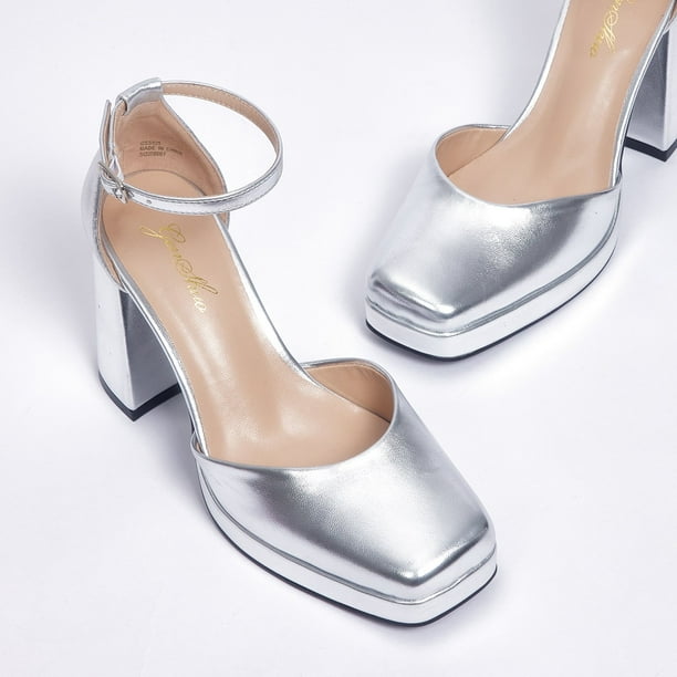 Zhabtuc Women s Platform Chunky Pumps Heels 4 Inch Square Toe Block Sandals Closed Toe Ankle Strap Strappy Platform Pumps Party Shoes Silver Size 8 Walmart Business Supplies