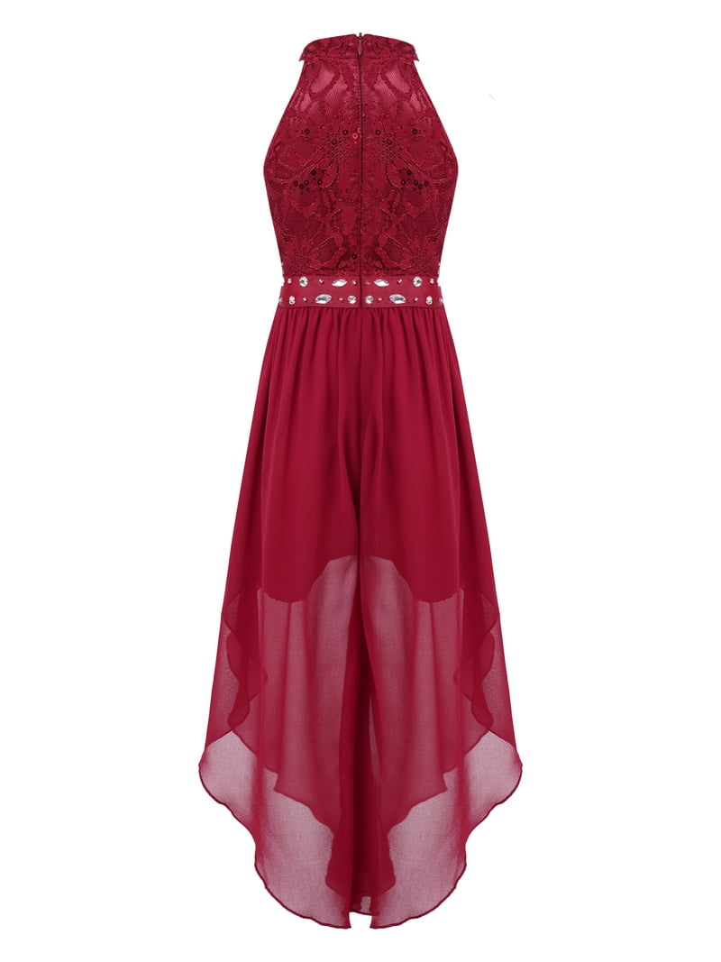 Girls' Halter Neck Floral Lace Romper Dress - Burgundy Long Gown For Weddings, Prom, Size 14