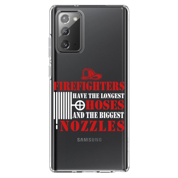 DistinctInk Clear Shockproof Hybrid Case for Samsung Galaxy Note 20 (6.7" Screen) - TPU Bumper Acrylic Back Tempered Glass Screen Protector - Firefights Have Longest Hoses and Biggest Nozzles
