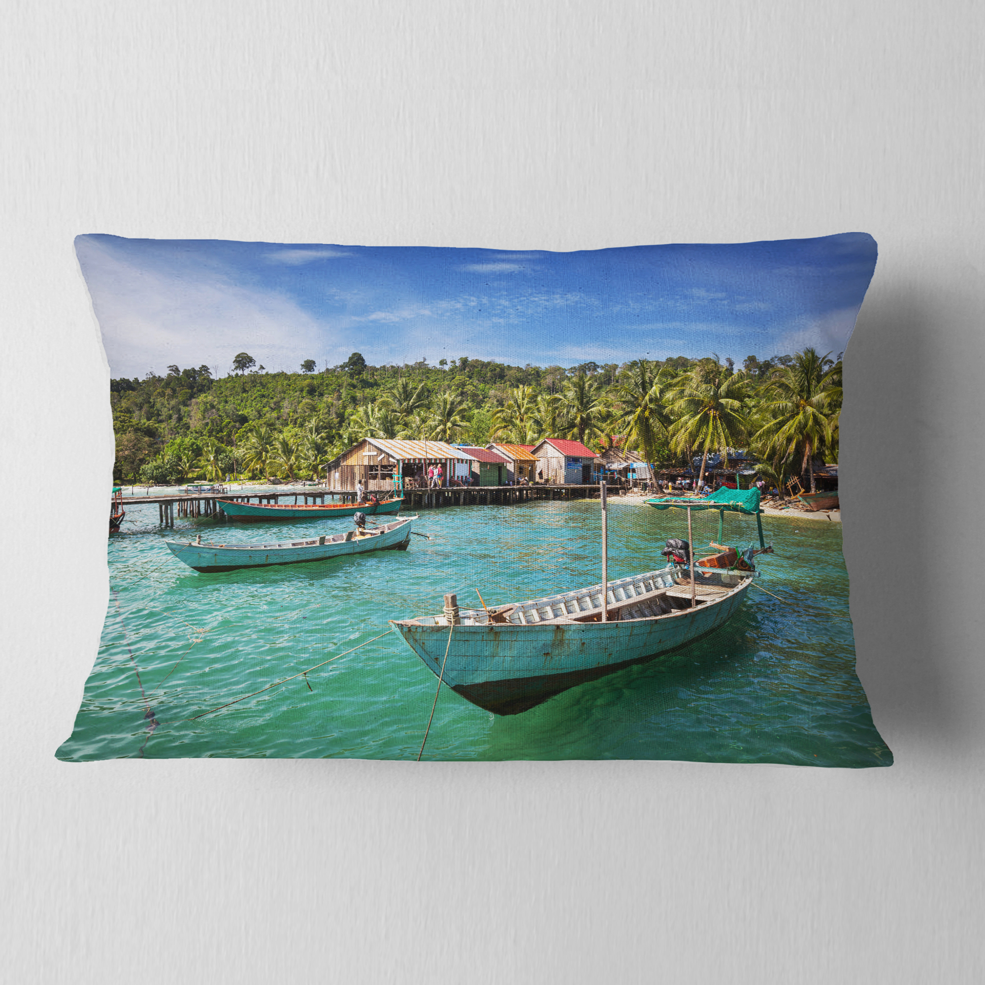 Designart Fishing Boats in Kep Cambodia - Seashore Throw Pillow - 12x20