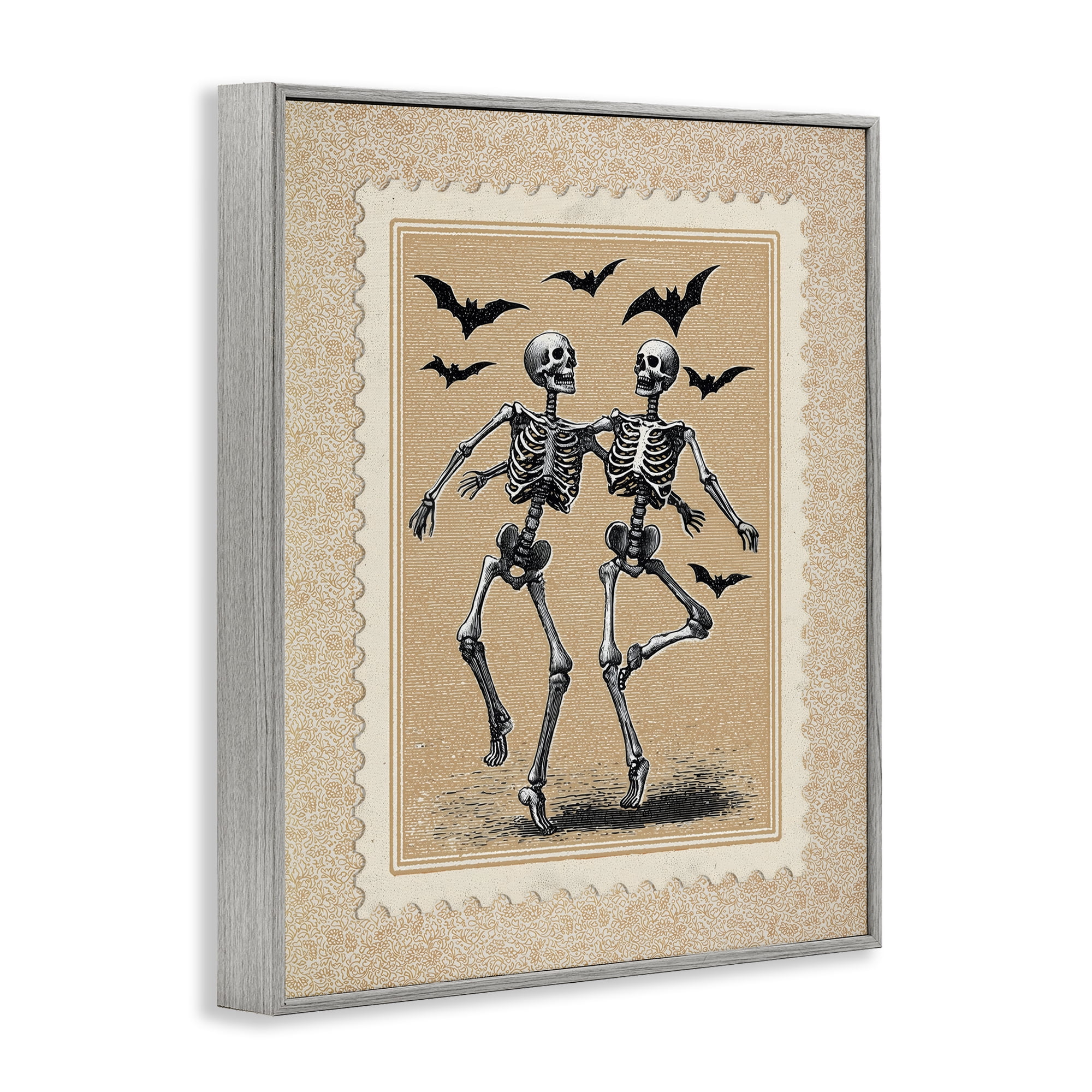 Vintage Dancing Skeletons Stamp Gray Framed Giclee Art, design by Arlington Prints