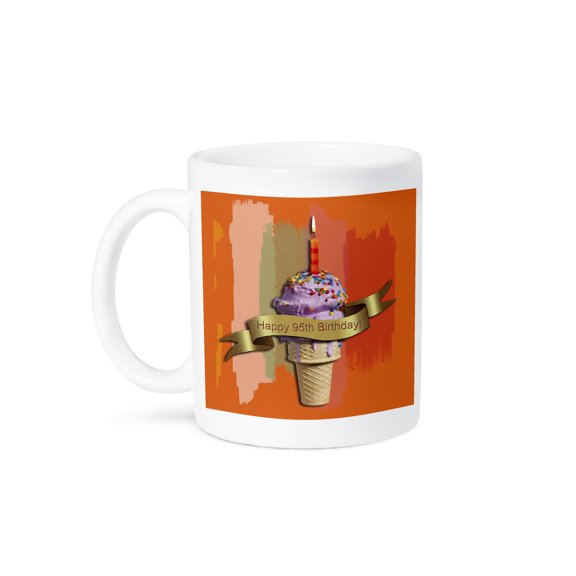 3dRose, Happy 95th Birthday, Strawberry Ice Cream Cone on Abstract, Orange, 11oz Mug