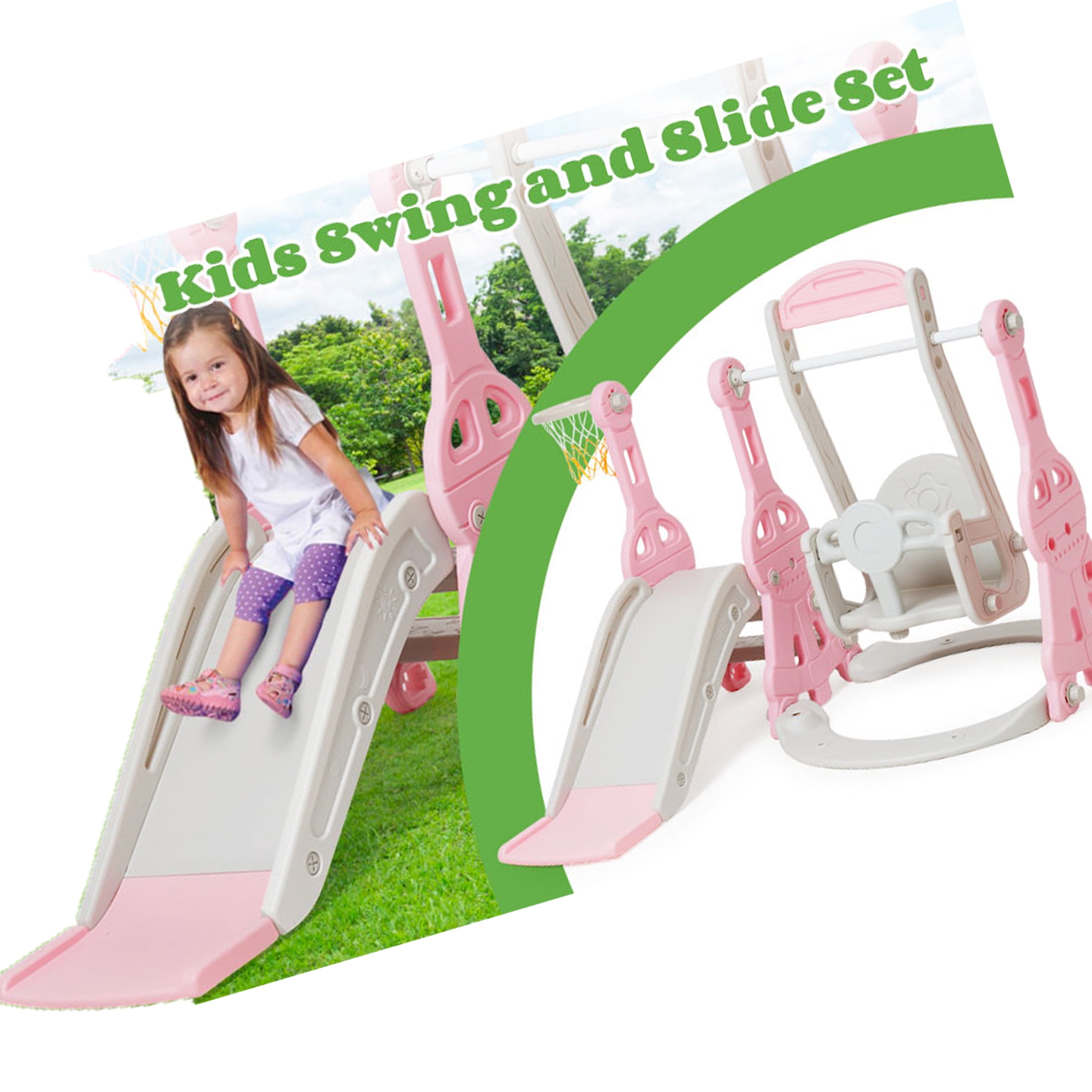 Ealing 4 in 1 Slide and Swing Set for Toddlers Age 1-2 ,with Bucket Style Seat and Basketball Hoop ,Baby Outdoor Indoor Playset Climber Toys,Pink