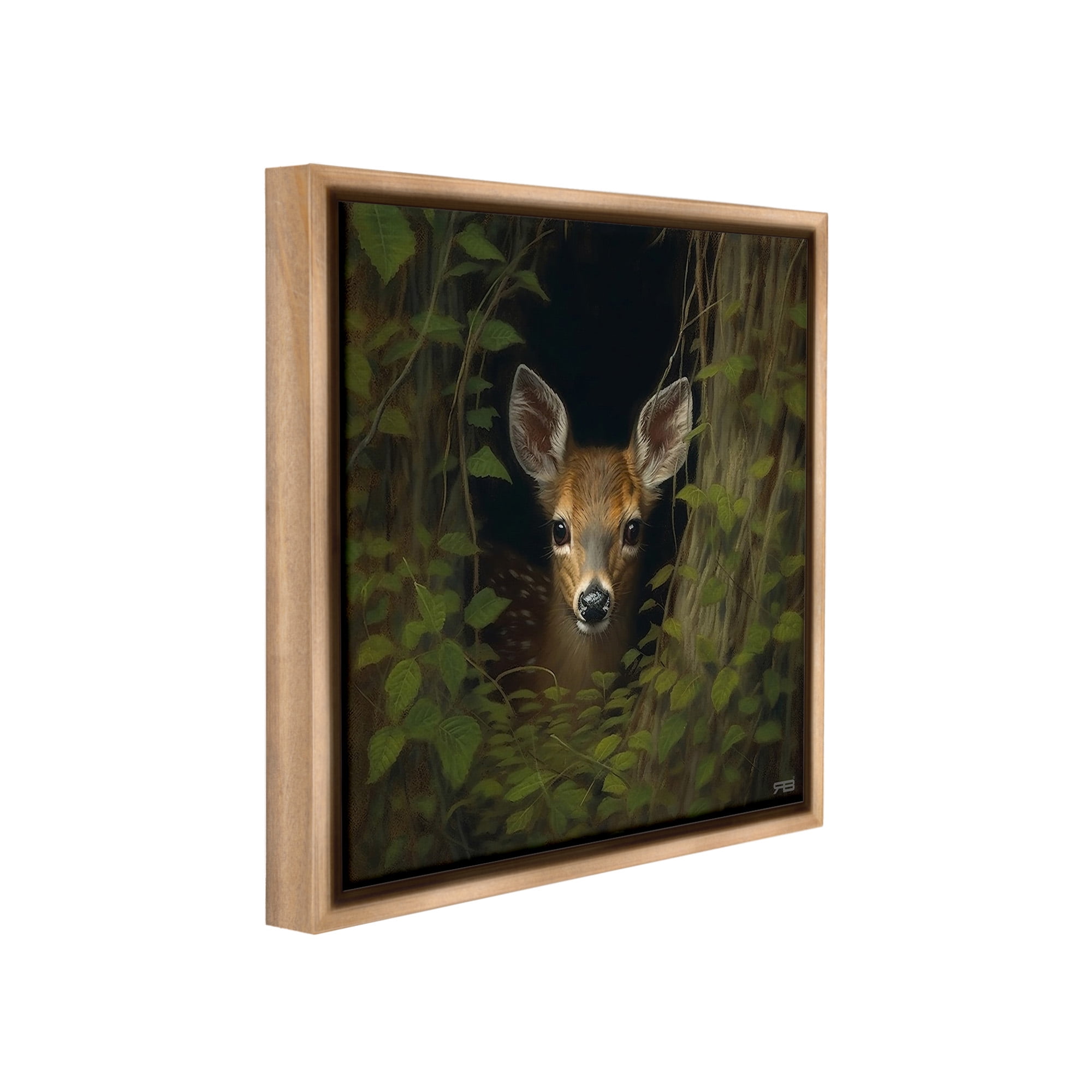 Stupell Industries Fawn Peeking from Trees Animals & Insects Painting Brown Floater Framed Canvas Art Print Wall Art, 18 x 18