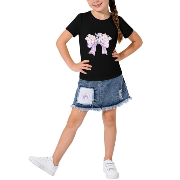NAISIBABY Girls Short Sleeve T-Shirt and Denim Skirt Outfits 8T, 2-Piece Summer Fashion Casual Kids Clothes Sets Black