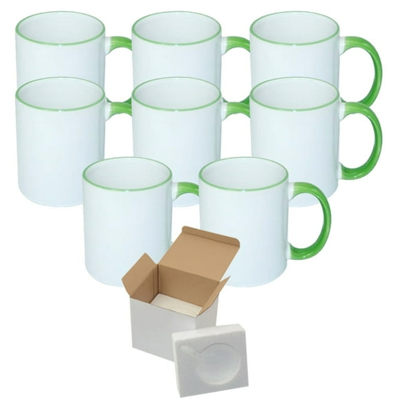 Mugsie 8 Pcs 11OZ Light Green Rim & Handle Sublimation Mugs With Foam Support Boxes