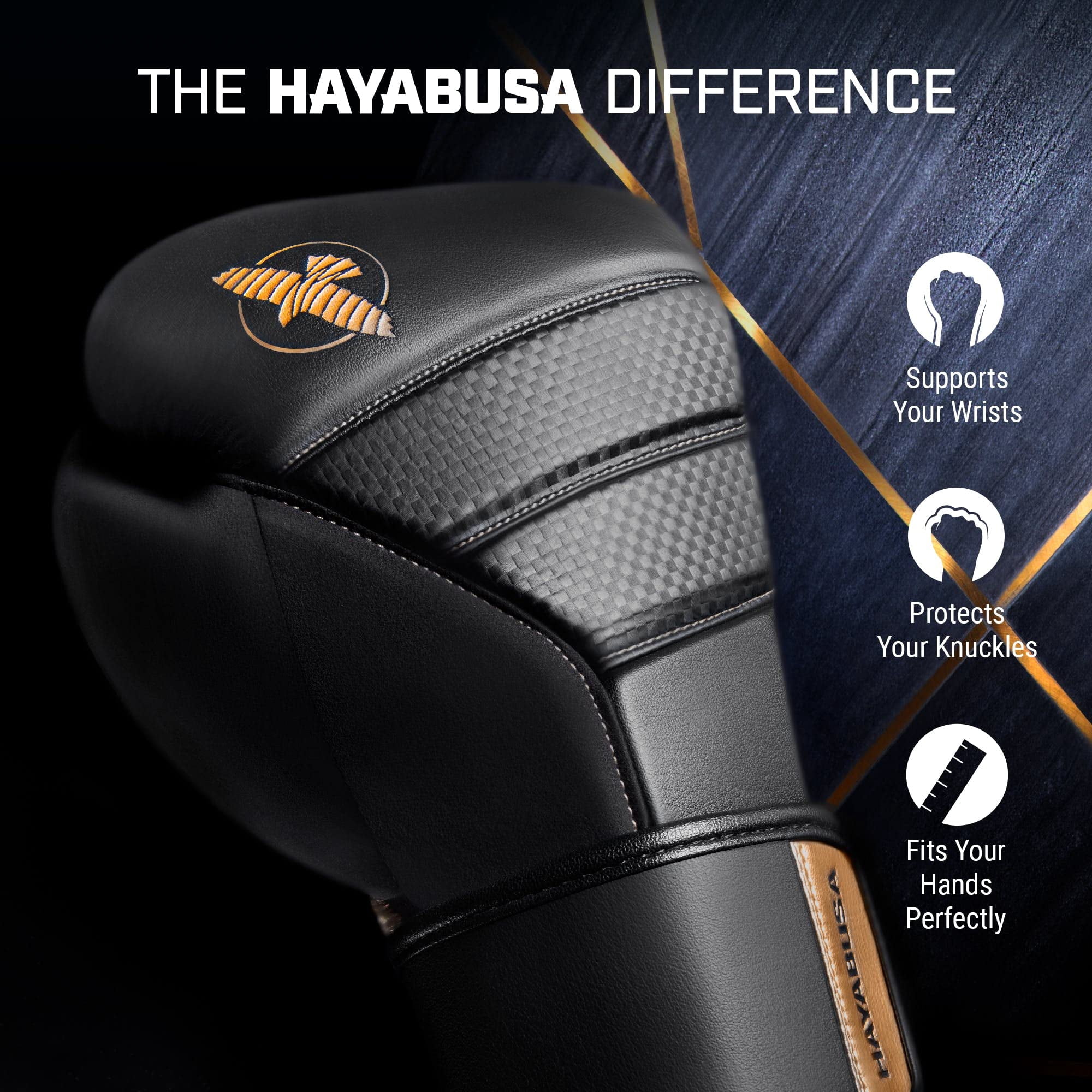Hayabusa T3 Boxing Gloves for Men and Women Wrist and Knuckle Protection, Dual-X Hook and Loop Closure, Splinted Wrist Support, 5 Layer Foam Knuckle Padding - Black/Gold, 14 oz