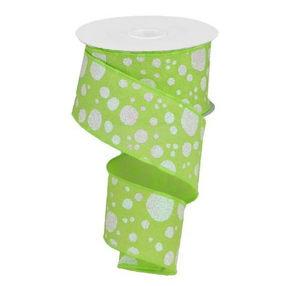 Bright Green White Glitter Polka Dots on Royal Canvas Wired Edge Ribbon - 10 Yards (2.5")