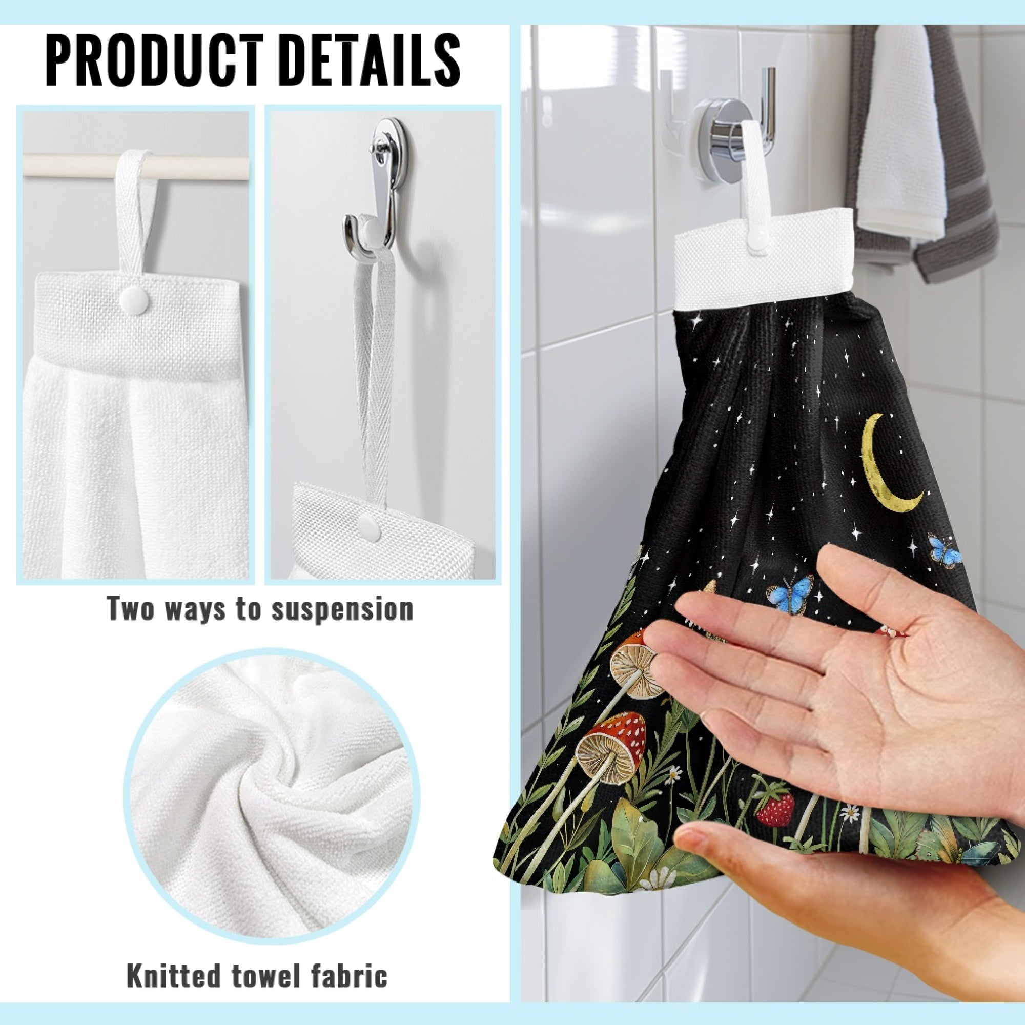 SEANATIVE Aesthetic Mushroom Hand Towels with Hanging Loops Floral Bathroom Hand Towel with Hanging Loop Stain Resistant Hanging Tie Towels for Kitchen Fast Drying Hang Towel 3 Piece