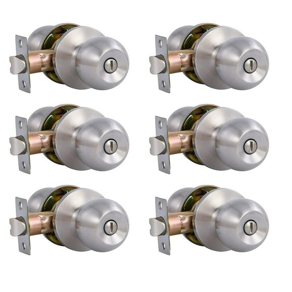 Interior Privacy Door Knobs, 6 Pack - Keyless Locking Ball-Satin Nickel Finish Household