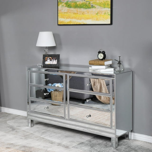 Ktaxon Mirrored Finish Glass Dresser, Drawer Chest, Console Table with 6 Drawers for Living Room