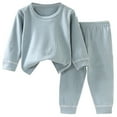 thumbnail image 3 of Boys Girls Cotton Ribbed 𝐒leep_wear Set Thin Solid Breathable Long Sleeve Crewneck Tops+ Elastic Waist Wide Leg Pants 𝗟oungewear 2 PCS - Blue,2-3 Years, 3 of 4