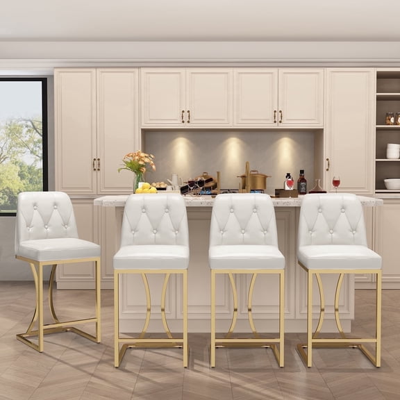HomeZeer Counter Height Bar Stools Set of 4, Bar Stools with Back and Sliver Metal Frame, 24" Barstools with Footrest, Upholstered PU Leather Counter Stool Chairs for Kitchen Island,White