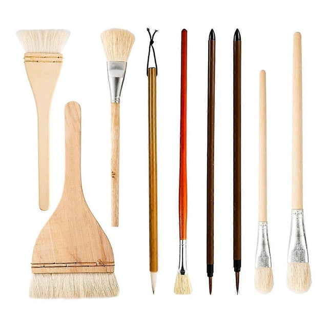 9Pcs Ceramic Glaze Brush Set,for Acrylic Painting Artist Wool Brush Fan Brush Flat Brush for Watercolor Oil Art Painting