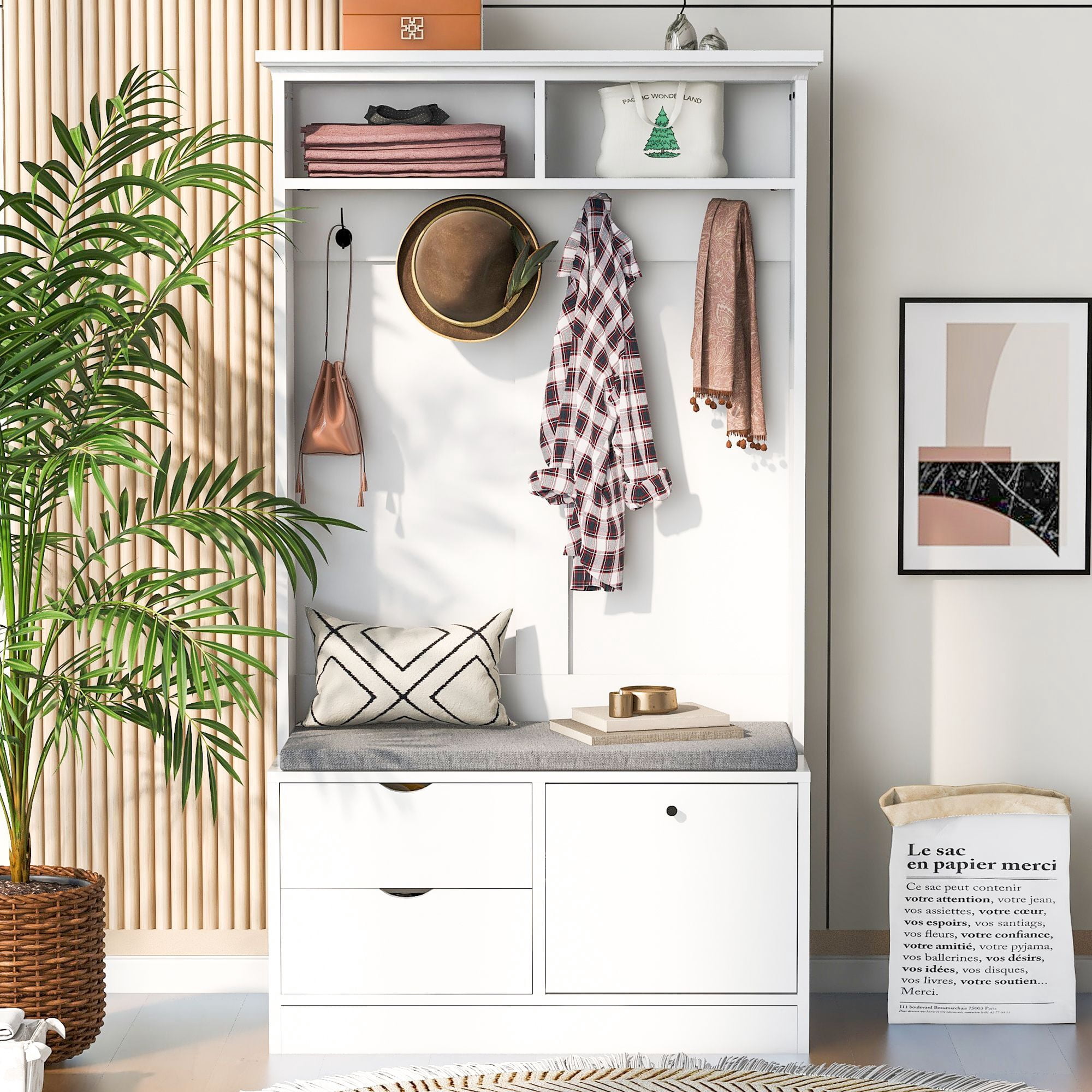 DEALTOPS Modern Hall Tree with Soft Bench, Entryway Coat Racks with Drawers and Shoe Cabinet, White