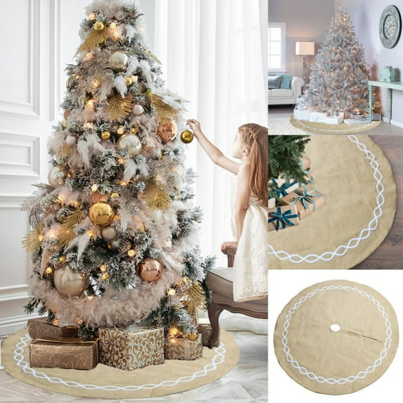 1 Piece Of Linen Christmas Decorations Linen 122CM Tree Skirt Tree Bottom Decorated Christmas Tree Apron Polyester And Linen Blended Strips