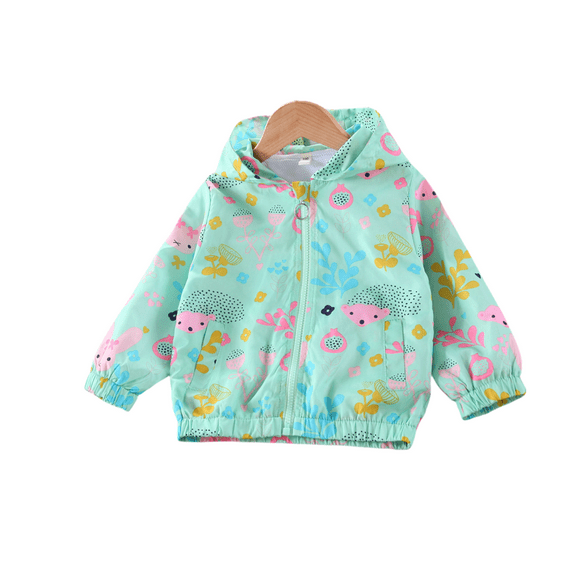 Esaierr Girls Rain Jacket for Kids Toddler Baby Hooded Zipper Full Print Cartoon Elasticized Hem Spring Autumn Outerwear Jacket 3-8 Years Girls Windbreakers