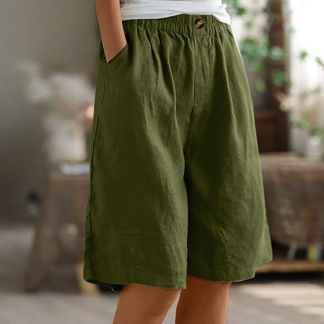 Gspmoly Shorts, Shorts Mi-Cuisse pour Femmes Pantalons Été Taille Élastique Boutons Décontractés en Lin Poches Pantalons Shorts de Randonnée Femmes Offres de Vacances Vert Armée P