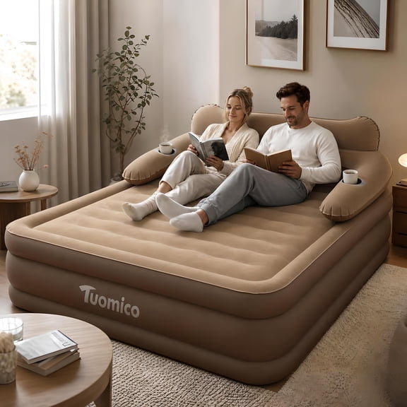 SLLINGLUO 18" Inflatable Airbed with Built-in Pump, Queen Air Mattress for Home Travel Camping, Coffee
