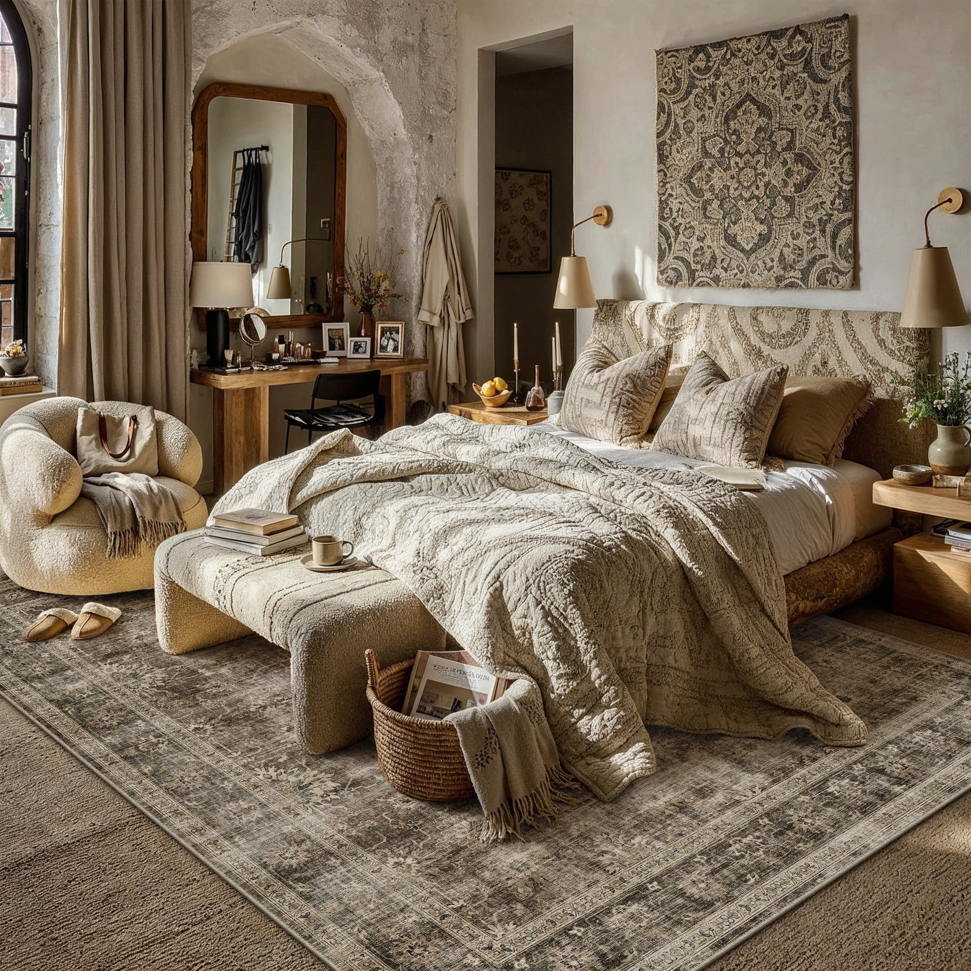 BERTHMEER 8'x10' Large Area Rugs for Living Room Washable Bedroom Rugs Distressed Vintage Oriental Traditional Print Low Pile Brown Rugs for Dining Room Farmhouse Nonsilp Carpet, Brown