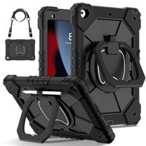 ELEHOLD Heavy Duty Case for iPad 9th 8th 7th Generation 2021/2020/2019, 3-Layer Rugged 360 Rotating Kickstand Handle Grip Shoulder Strap Kids Friendly Shockproof Case for iPad 10.2", Black