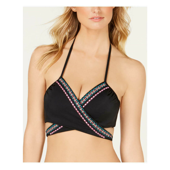SUNDAZED Wrap Bikini Top 36C Black with Embroidery