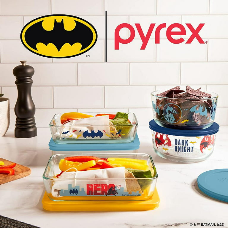 Pyrex 8-Pc Glass Food Storage Container Set, 4-Cup & 3-Cup Decorated Round  and Rectangle Meal Prep Containers, Non-Toxic, BPA-Free Lids, DC's Batman