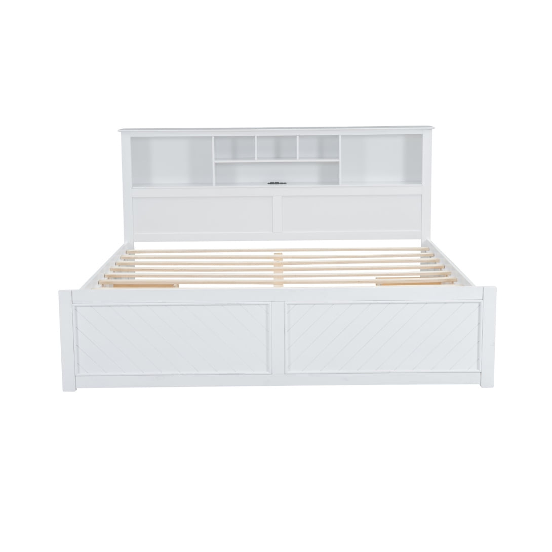King Size Bed Frame with Storage Headboard, Wooden Platform Bed with USB Charging Station and Drawers, No Box Spring Needed, White