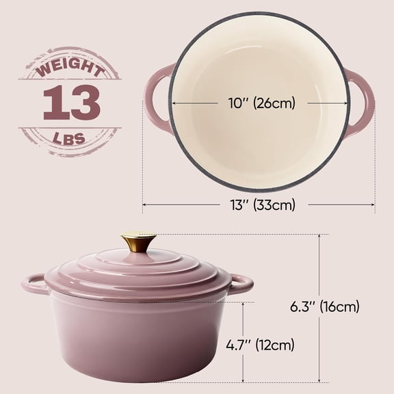 Vintage Style 6 Quart Dutch Oven Pot with Lid, Non Stick Enameled Cast Iron Dutch Oven for Bread Baking, Heavy-Duty, Oven Safe Ceramic Cookware Up to 500°F for Baking, Braising, Stews, Roasting, Pink
