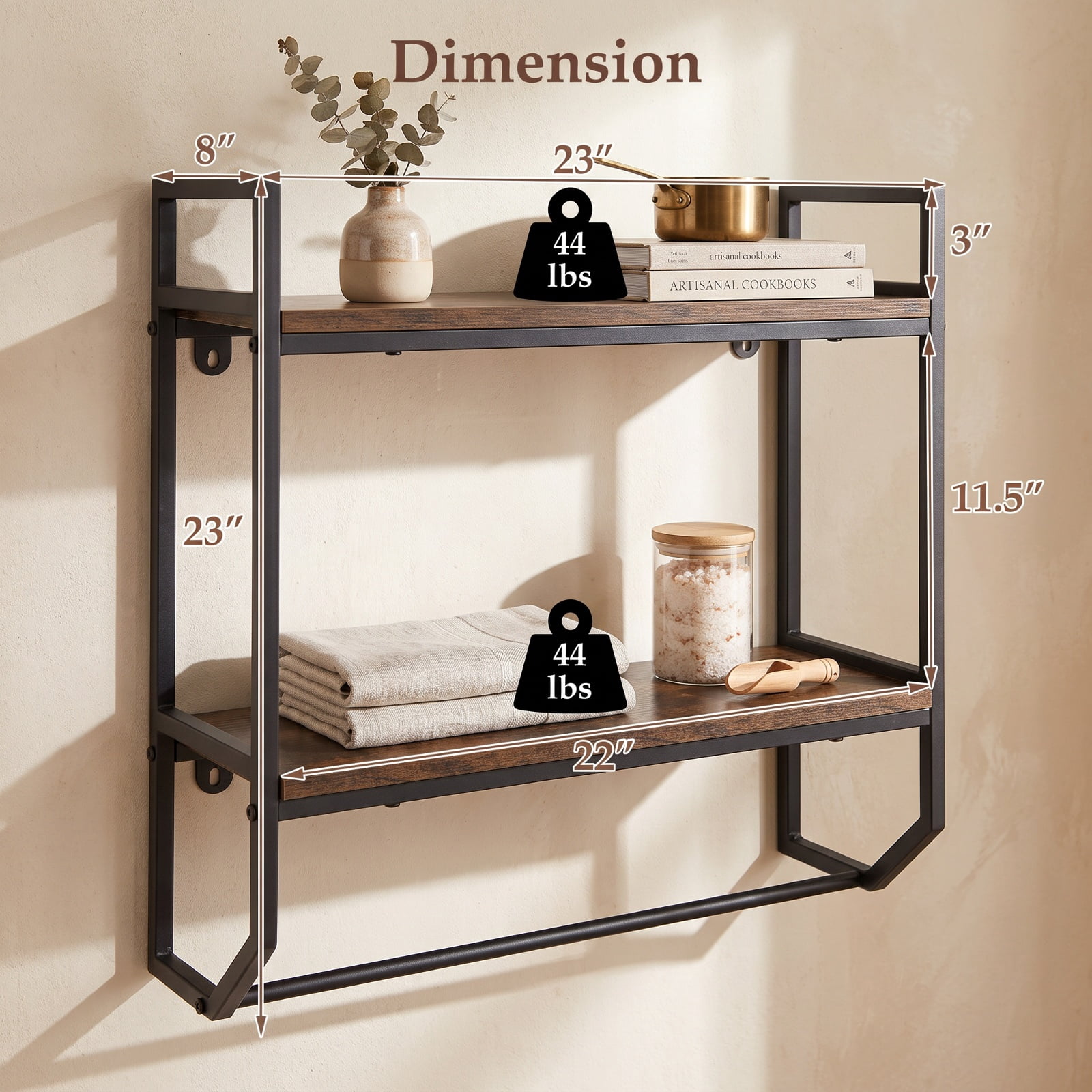 Vebreda Over-the-Toilet Storage Shelf with Metal Frame & Towel Bar, 2-Tier Wall-Anchored Bathroom Space Saver Organizer Rack Above Toilet, Gray