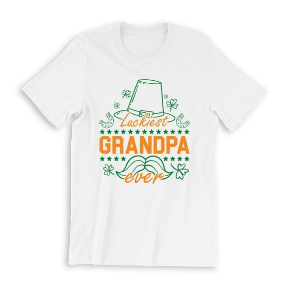Luckiest Grandpa Ever Men's White T-Shirt Green Clover Horseshoe Stars Hat Mustache Design St. Patrick's Day Funny Holiday Shirt