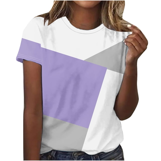 Scyoekwg T-Shirts pour Femmes Col Rond Tendance Hauts Basiques Manches Courtes T-Shirts Légers Confortables Patchwork Graphique Tee Été Blouses Décontractées Amples (Violet, L)
