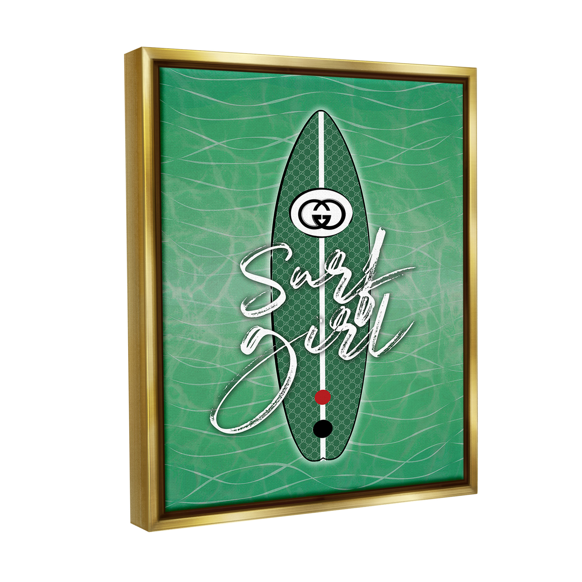 Stupell Industries Surf Girl on Green Beauty & Fashion Painting Gold Floater Framed Canvas Art Print Wall Art, 17 x 21