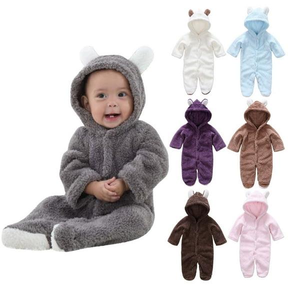 Newborn Baby Fleece Romper Button Footies Jumpsuit Cute Bear Hoodies Jumpsuit Infant Long Sleeve Warm Solid Jumpsuit Outfits Gray 3-6 Months