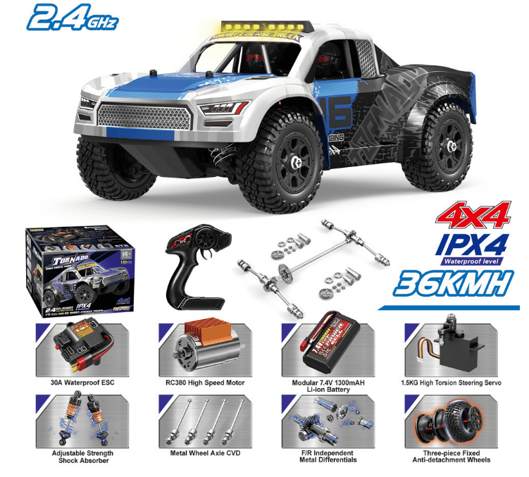 JoyStone 1:16 Scale RC Short Course Truck for Boys & Adults, 4WD 25mph High-Speed RC Car with Metal Drivetrain, LED Lights, 2 Batteries, Blue