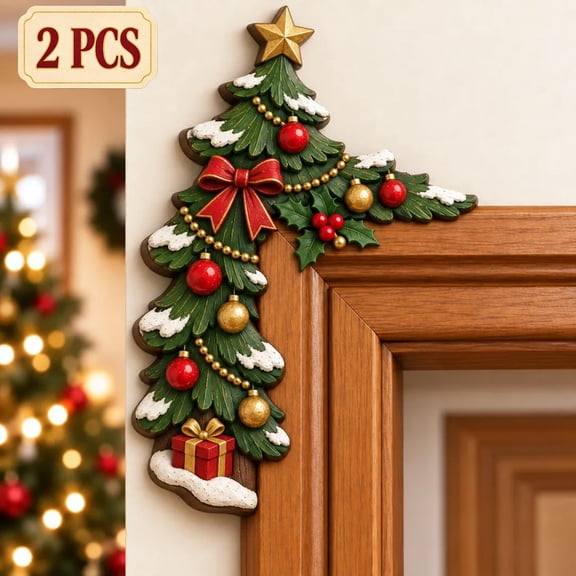 Qocolcyl Christmas Tree Door Frame Corner Decor, 2PCS Wooden Holiday Corner Sign, Window Mantel Cabinet Frame Ornament, Xmas Indoor Home Wall Decor, Holiday Party Decoration