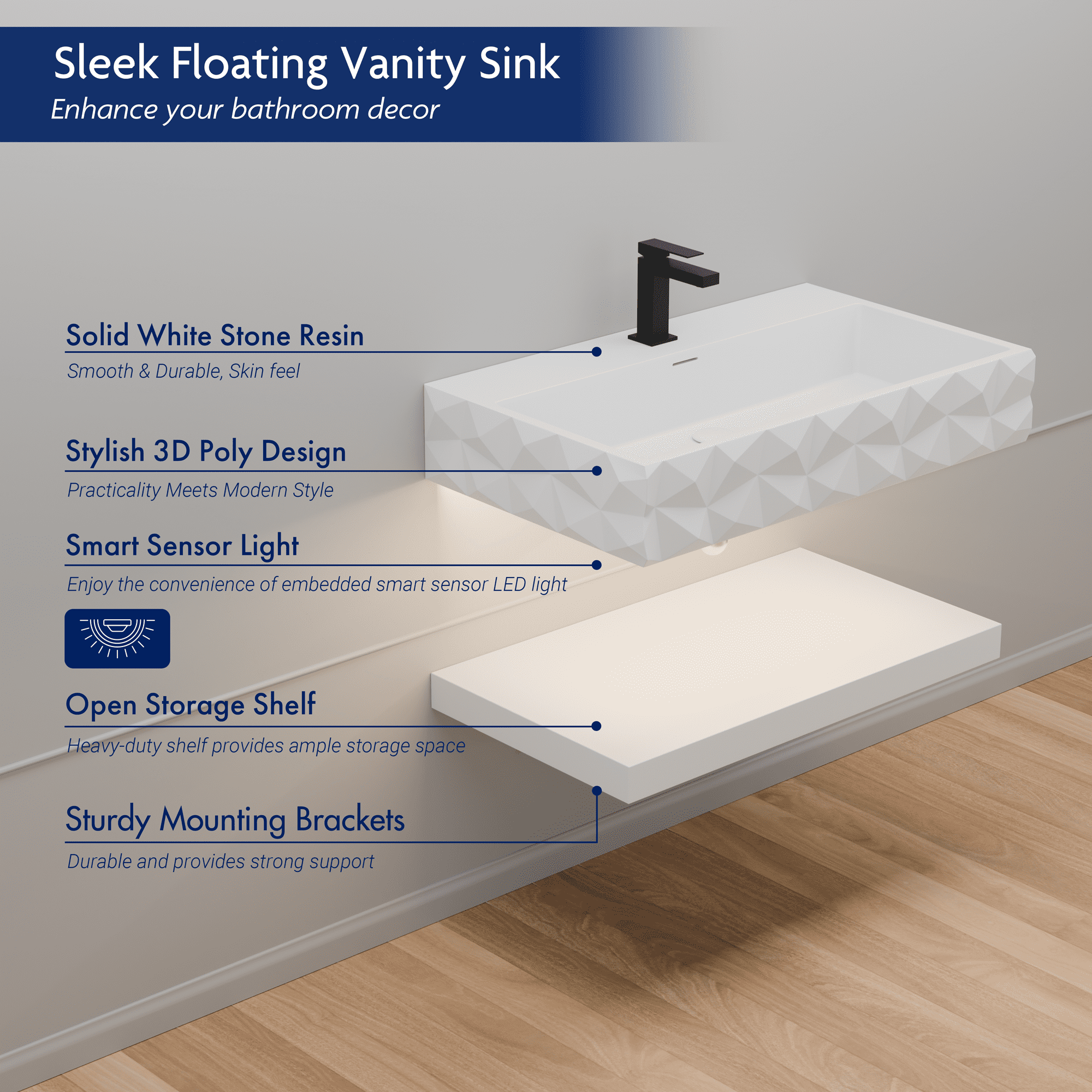 GESIPOR 32"x19" Bathroom Floating Vanity Sink with LED Light, Wall-Mount Stone Resin Bathroom Vessel Sink Rectangular Modern Art Basin with Shelf Layer