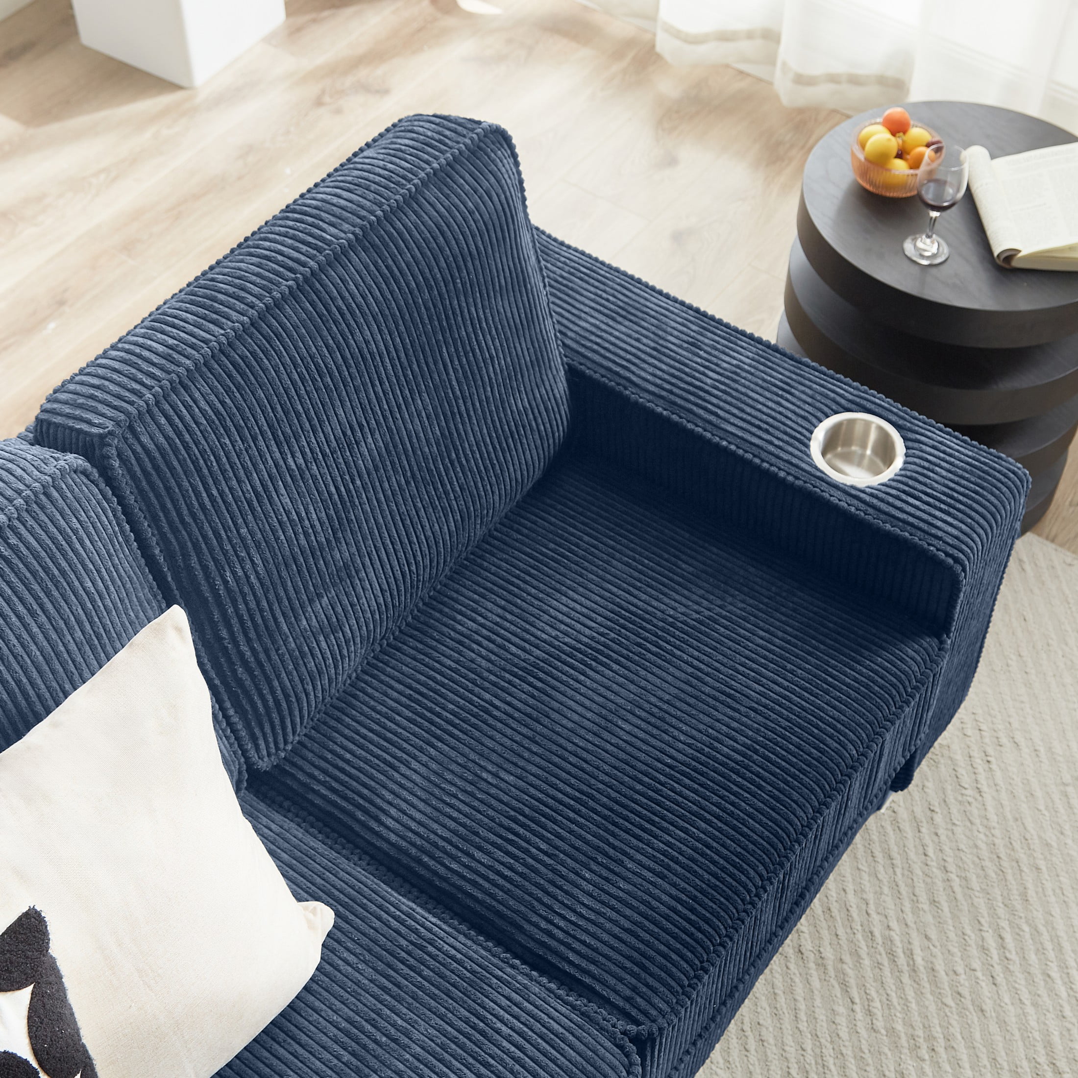 Aukfa 84" Corduroy Sofa with Cup Holders, Modern 3-Seater Fabric Couch for Living Room, Blue