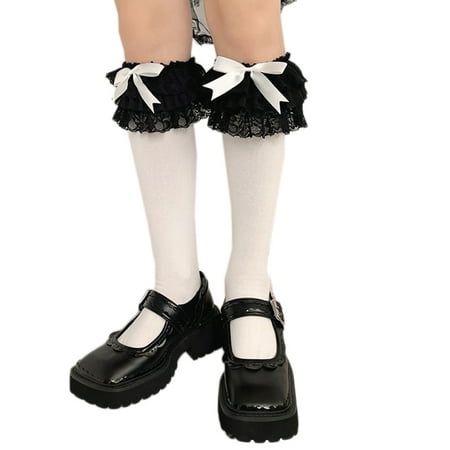 

1 Pair Women Girls Sweet Lolita Black White Knee High Socks Bowknot Ruffled Frilly Lace Trim Stockings