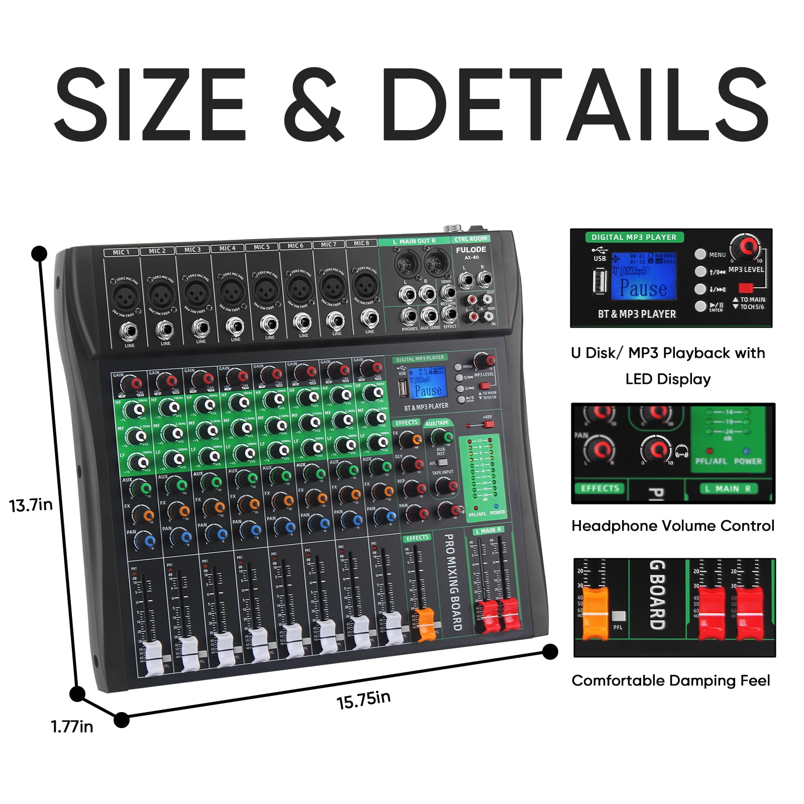 FULODE Audio Mixer 8 Channel Digital Mixer, Professional Bluetooth Sound Board DJ Mixers with 48V Phantom Power, USB Interface Stereo Mixing Console Analog Mixer for Karaoke Podcasting (AX-80)