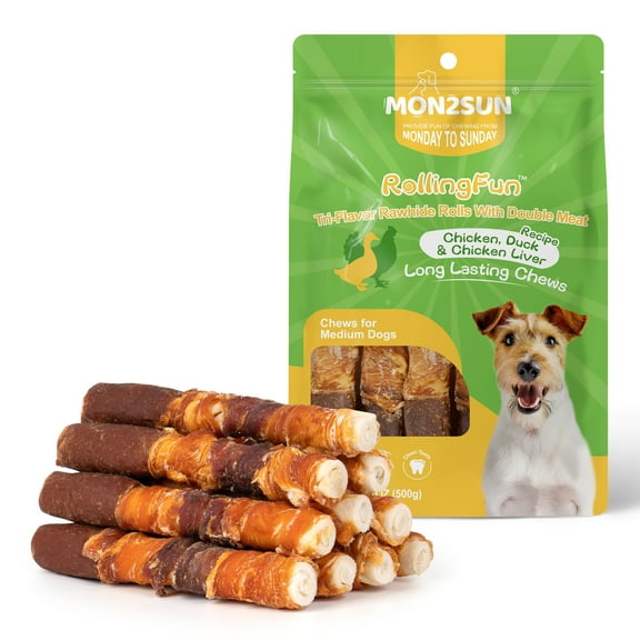 MON2SUN Chicken Liver, Duck & Chicken Wrapped Rawhide Small Dog Treats, 17.6 oz (10 Count), 6 Inch