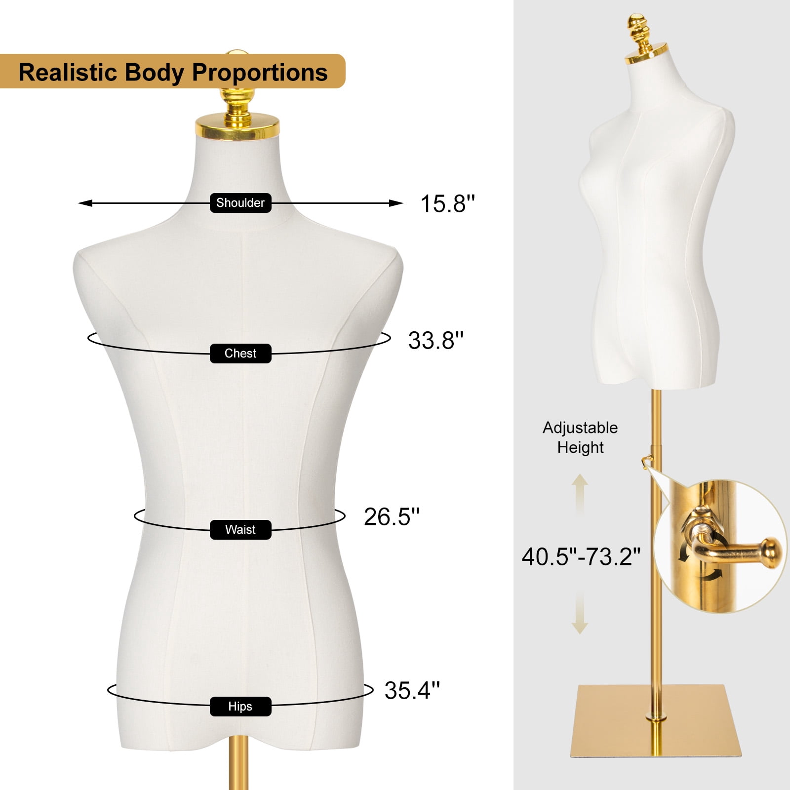 Female Mannequin Torso Dress Form - Mannequins Body Manikin Torso with Metal Base , 40-73 Inch Height Adjustable Female Gold Clothes Mannequin, White