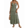 thumbnail image 3 of Womens Solid Color Halter Vacation Loose Maxi Dress Fashion Backless Smocked Gown Summer Chic Green M, 3 of 10
