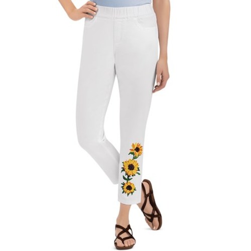 Embroidered Summer Sunflowers White 