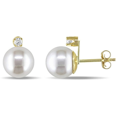 Miabella 8-9mm White Round Cultured Freshwater Pearl and Diamond Accent 14kt Yellow Gold Stud Earrings