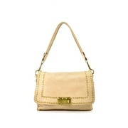 Italian Artisan  Womens Handcrafted Vintage Washed Leather Shoulder Handbag with Minimal Studded Flap & Buckle, Beige - Small